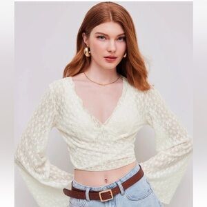 Cider Cream Lace Wrap Crop Top with Bell Sleeves